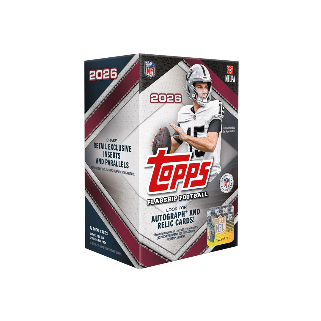Collect the hottest rookie cards and star players from the 2026 NFL season with this Topps Flagship Football Blaster Box. Each box contains multiple packs packed with base cards, inserts, and chase cards featuring the league's top talent. Perfect for collectors and fans looking to build their collection or find valuable hits. Sealed and ready to rip!
