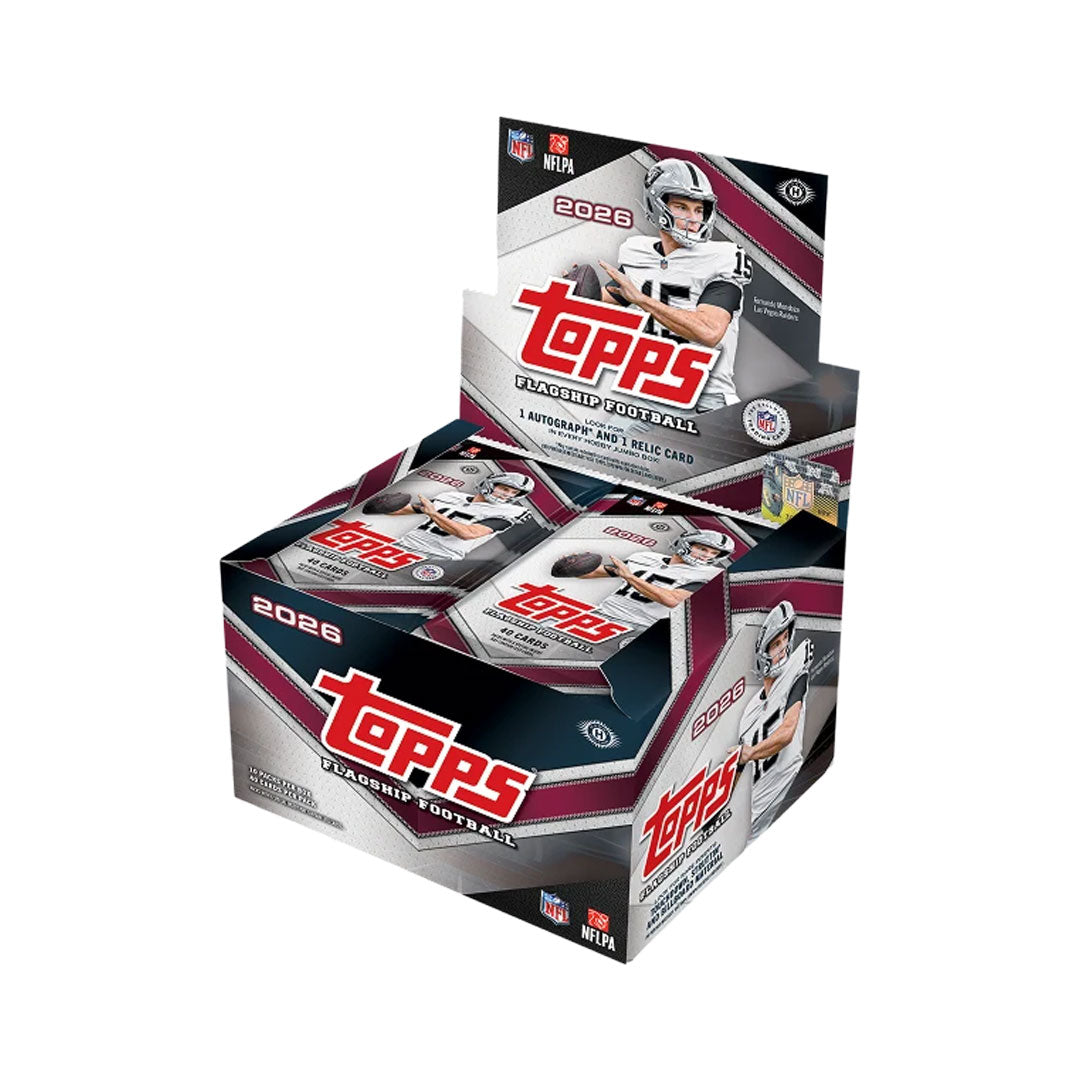 Collect premium 2026 Topps Flagship Football cards with this jumbo box format. Each box contains significantly more packs than standard releases, giving you expanded opportunities to pull rookie cards, autographs, and rare parallels. Perfect for serious collectors and fans looking to build their 2026 football card collection with maximum value and variety.