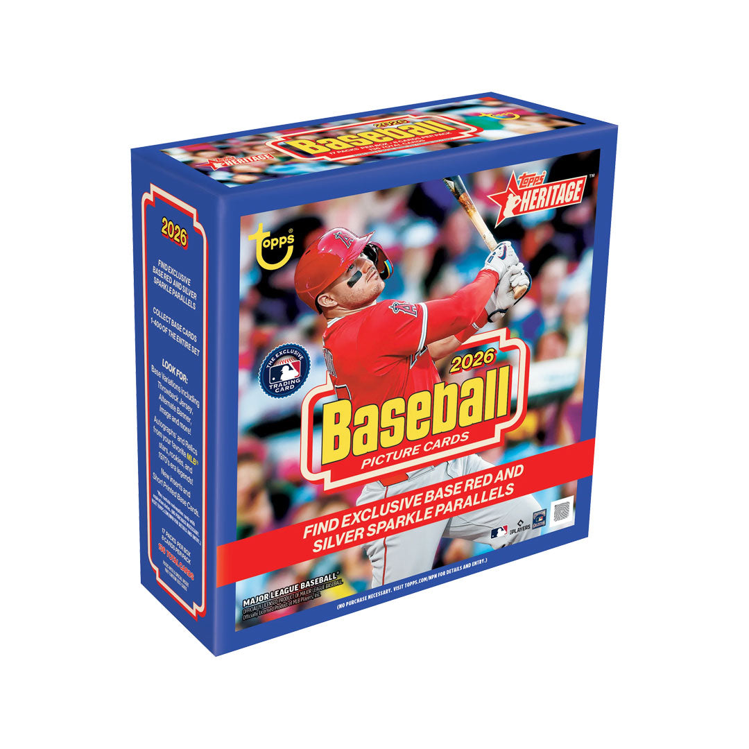 Collect the latest 2026 Topps Heritage Baseball cards with this premium Mega Box. Each box contains multiple packs packed with base cards, inserts, and chase cards featuring today's top players and rookies. Perfect for collectors and fans looking to build their collections or find valuable hits. Topps Heritage combines classic design with modern players, making it a must-have for baseball card enthusiasts of all levels.
