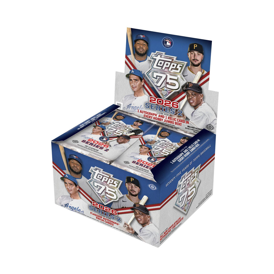 Rip into the 2026 Topps Series Two Baseball Jumbo Box and chase premium pulls. This oversized box delivers more packs and more opportunities to land rookie cards, autographs, and rare parallels from the season's hottest prospects and established stars. Perfect for serious collectors and set builders looking to maximize their hits. Each box contains significantly more cards than standard releases, making it an excellent choice for those seeking substantial value and chase card potential.