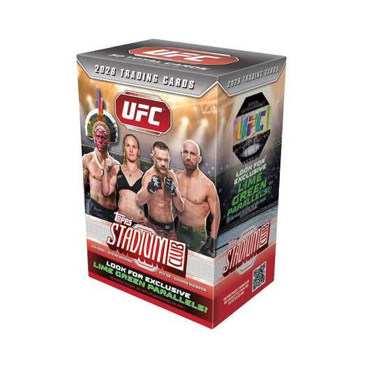 Collect the most electrifying moments from the UFC octagon with the 2026 Topps Stadium Club UFC Blaster Box. This premium trading card set features stunning photography and exclusive fighter cards showcasing the sport's biggest stars and legendary matchups. Each blaster box delivers an action-packed pull with multiple packs of limited-edition cards, perfect for collectors and UFC enthusiasts. Build your collection of rare inserts, autographs, and memorabilia cards. Whether you're a seasoned collector or new