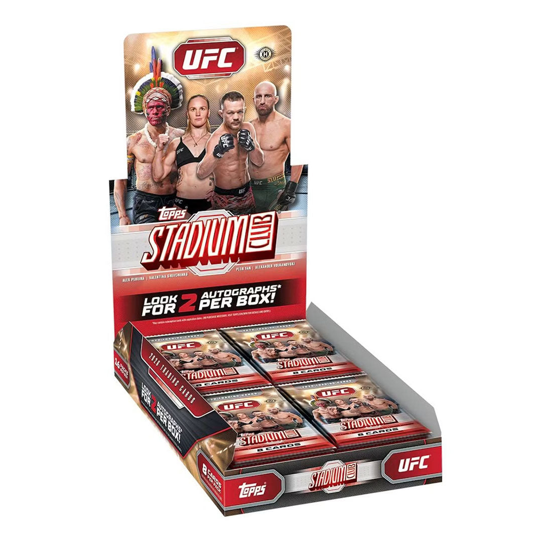 Collect the most electrifying moments from the UFC with 2026 Topps Stadium Club UFC Hobby Box. Each box delivers premium trading cards featuring top fighters, stunning photography, and exclusive autograph and memorabilia cards. Perfect for serious collectors and UFC enthusiasts looking to build their collection with high-end pulls and rare inserts. Experience the intensity of mixed martial arts through premium cardstock and limited-edition designs.