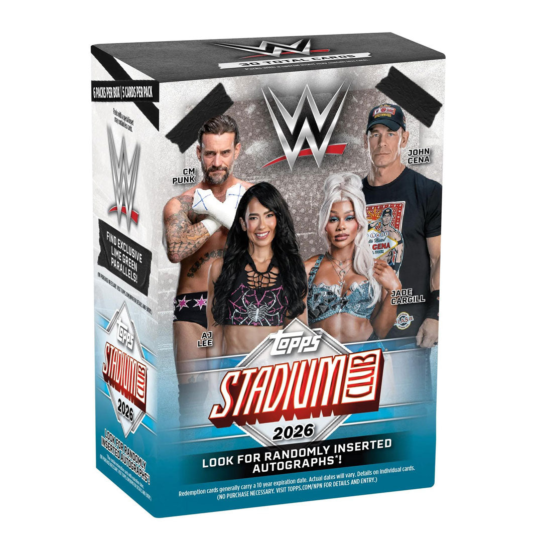 Collect the latest WWE superstars and legends with the 2026 Topps Stadium Club WWE Blaster Box. This premium trading card box features high-quality photography and exclusive insert cards showcasing your favorite wrestling performers. Perfect for collectors and fans alike, each blaster delivers multiple packs of cards with the chance to pull rare and limited edition variants. Build your collection with authentic WWE imagery and chase some of the hottest cards of the season.