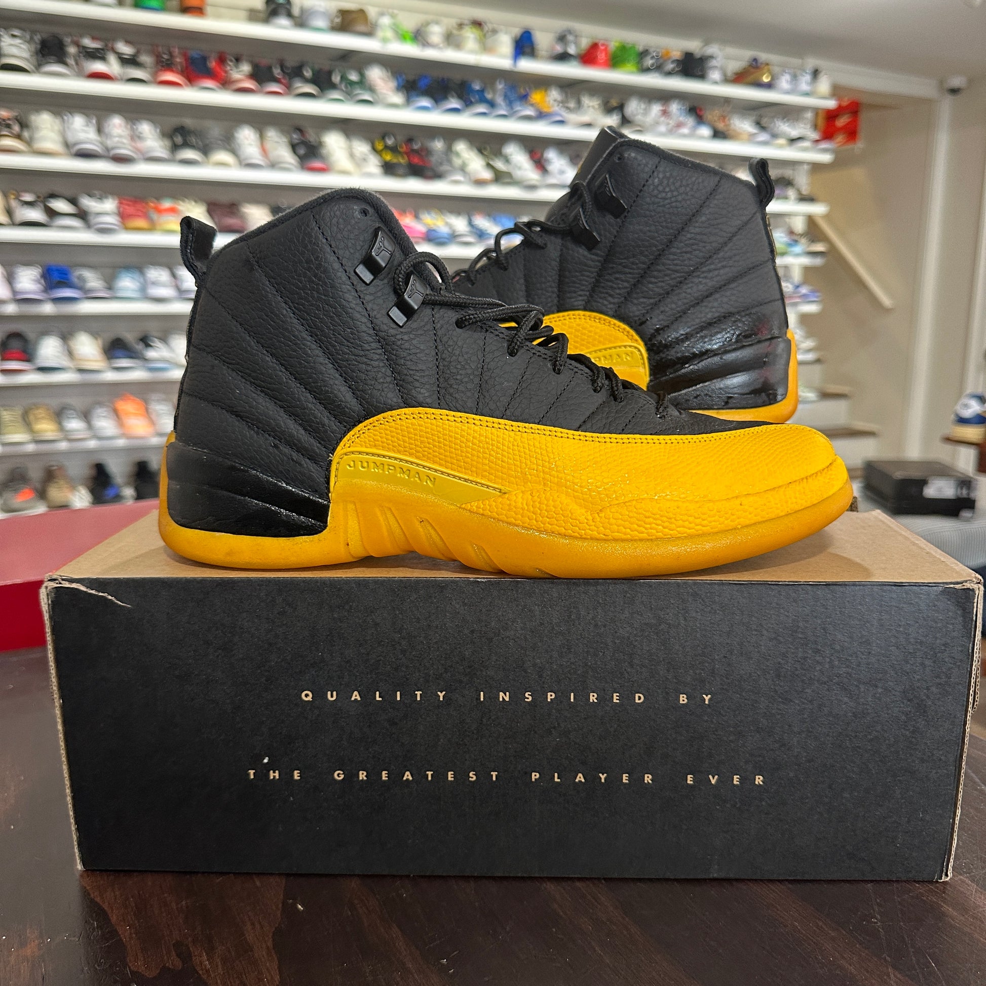 USED* Jordan 12 Black University Gold (SIZE – Sports Connection