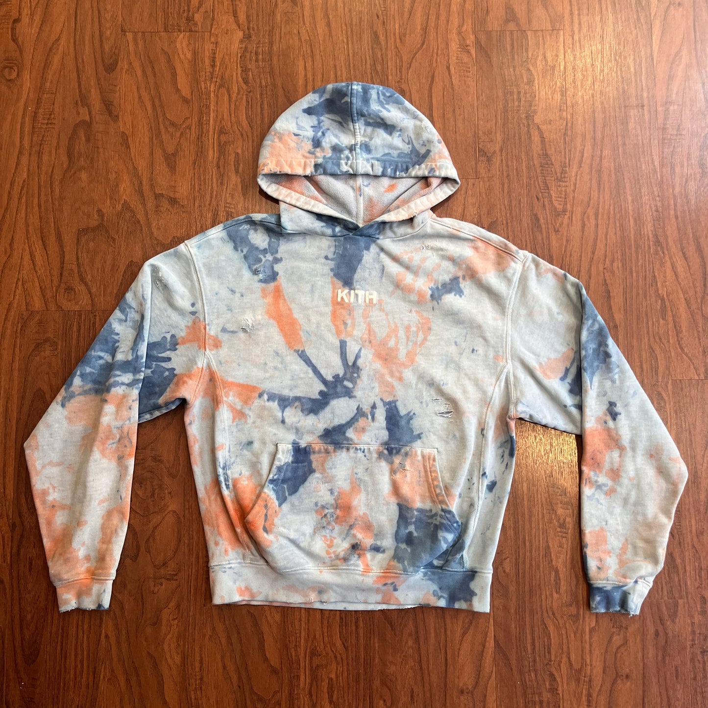 (USED) Kith Embroidered Logo Tie Dye Distressed Hoodie (size Small)