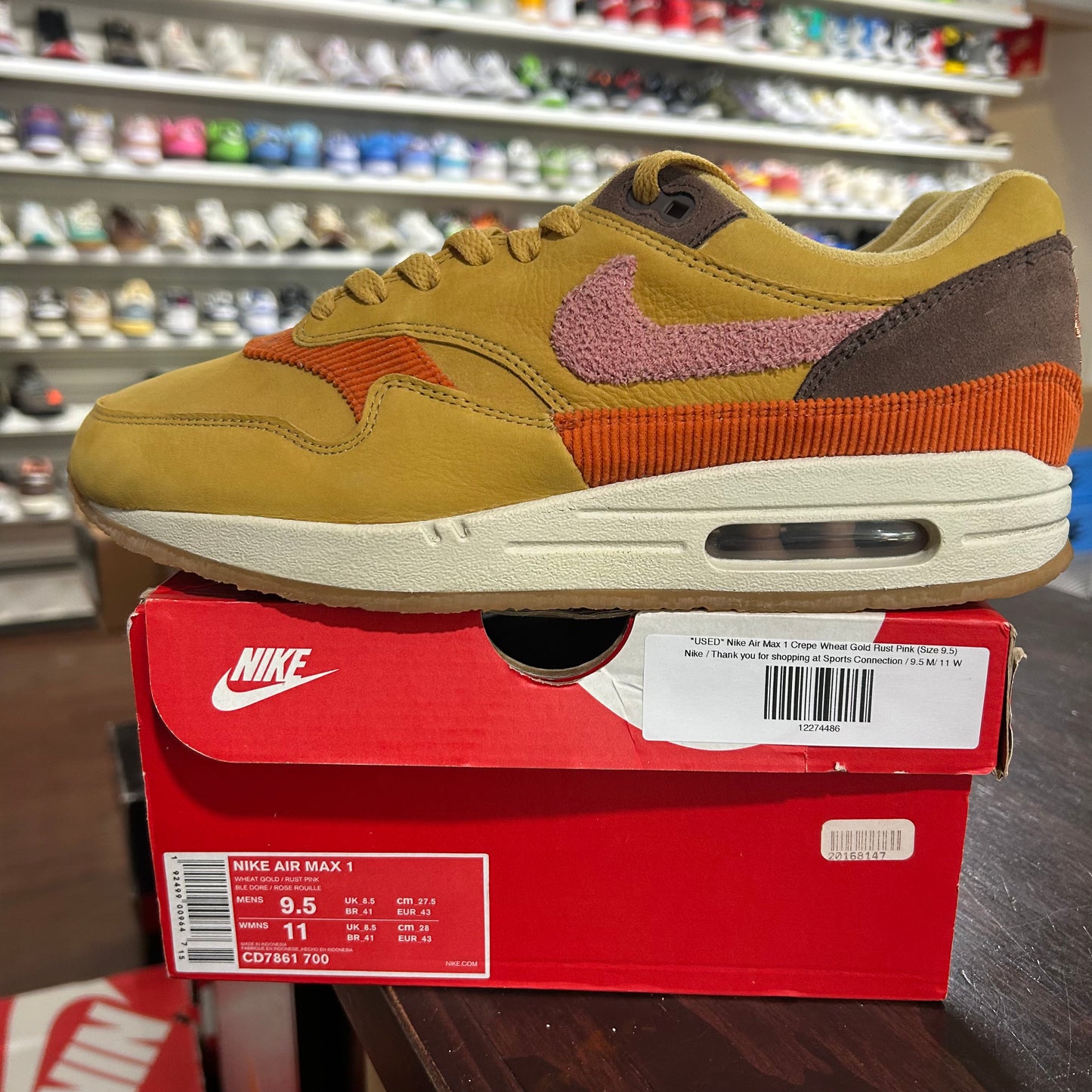 *USED* Nike Air Max 1 Crepe Wheat Gold Rust Pink (Size 9.5)