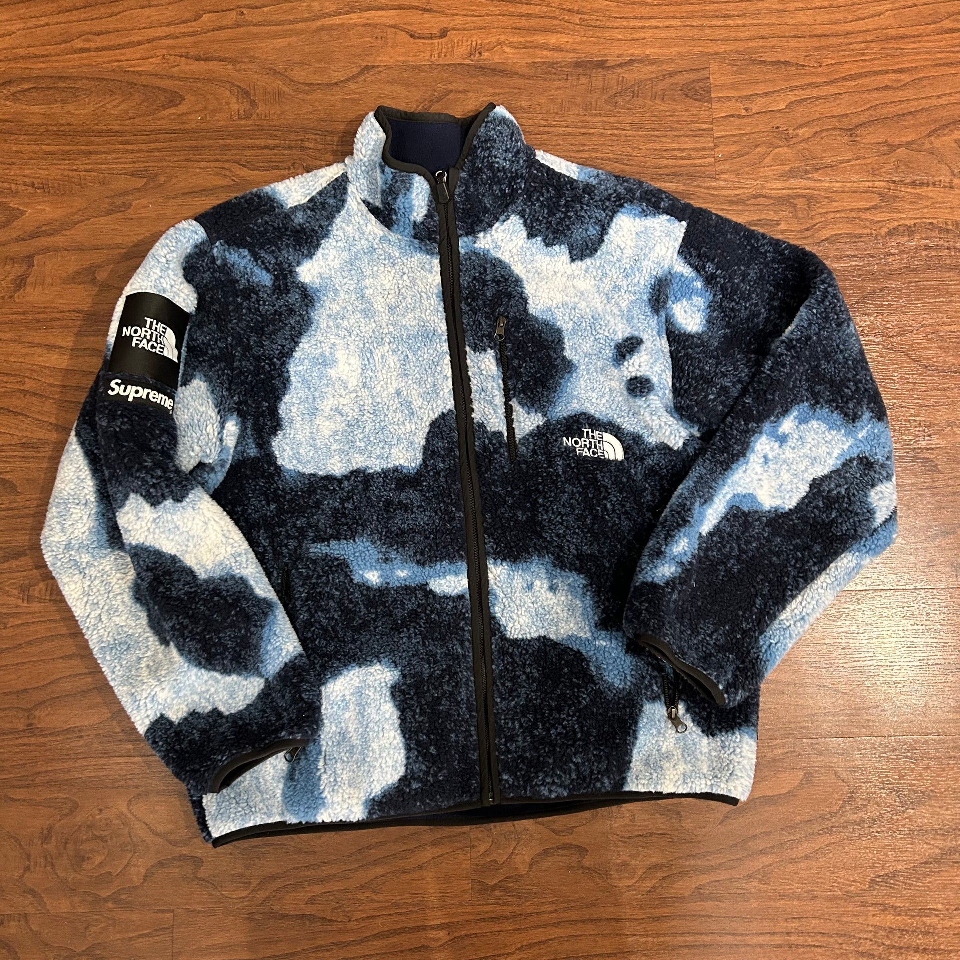 Supreme The North Face Bleached Denim Print Fleece Jacket (Size 
