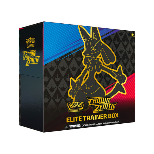 Pokemon Crown Zenith Elite Trainer Box  Own the ultimate Pokemon collection with the Crown Zenith Elite Trainer Box! This exclusive set includes everything you need to start your journey as a Pokemon trainer - 10 booster packs, special card sleeves, dice, markers, and more. Become the best trainer and catch 'em all!