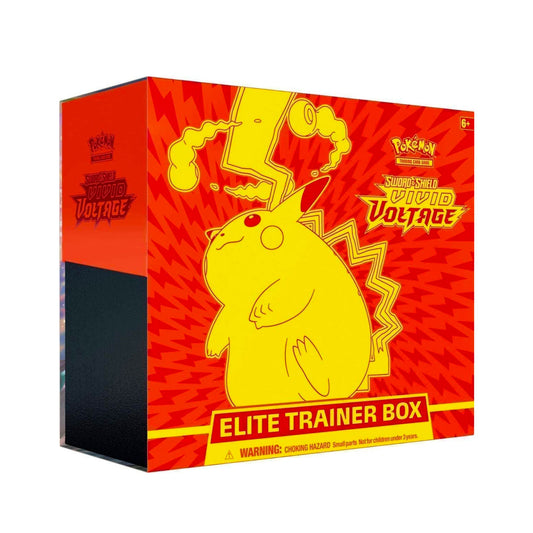 Pokemon Sword & Shield Vivid Voltage Elite Trainer Box Unleash the full power of your Pokemon with the Vivid Voltage Elite Trainer Box! This ultimate trainer's kit includes everything you need to level up your game, from booster packs and energy cards to elite dice and a player's guide. Dominate your opponents and become the ultimate Pokemon master!